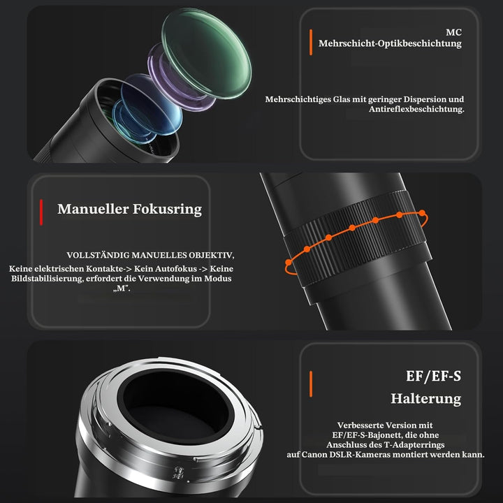 BENOISON Teleobjektiv 420-800mm, EF Objektiv für Canon DSLR, Manueller Fokus MF Zoom Objektiv für Ca