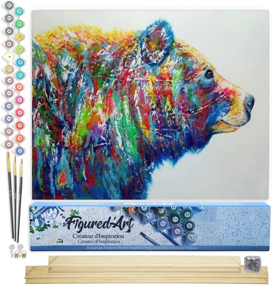 Figured'Art Malen Nach Zahlen Erwachsene Mit Rahmen Bunte Bären - Paint by Numbers Basteln DIY Baste