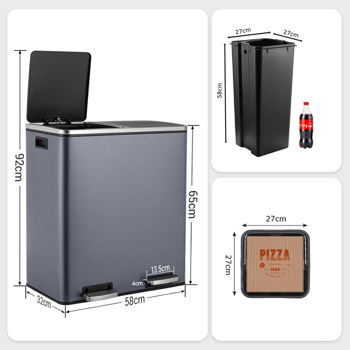 LIFERUN Mülleimer 2 Fächer, Abfalleimer Küche 60L (2x 30 Liter), aus Metall, mit Softclose Deckel, 2