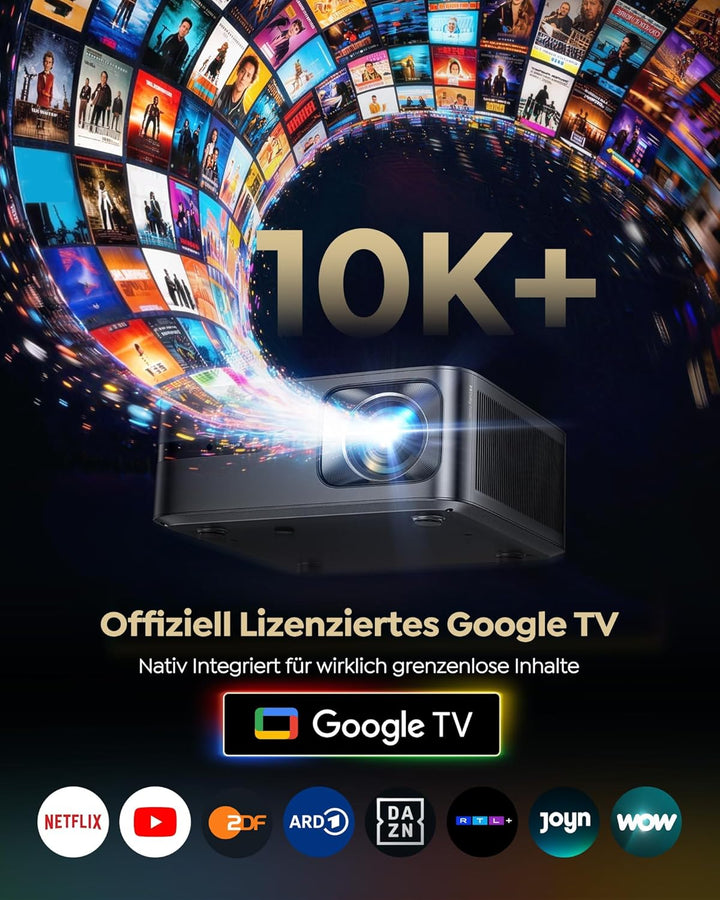 Beamer 4K [2200 ANSI|Google TV|1000+ Offizielle Apps] Beamer Heimkino 4K Unterstützt Autofokus Auto