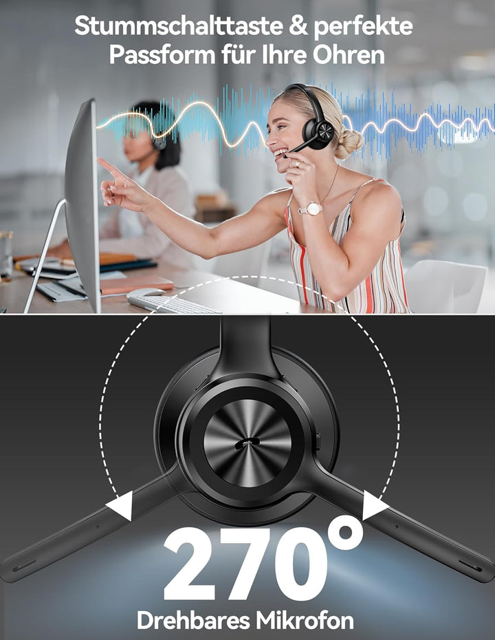TECKNET V5.2 Bluetooth Headset mit Mikrofon & USB Dongle Wireless Headset mit Noise Cancelling und S
