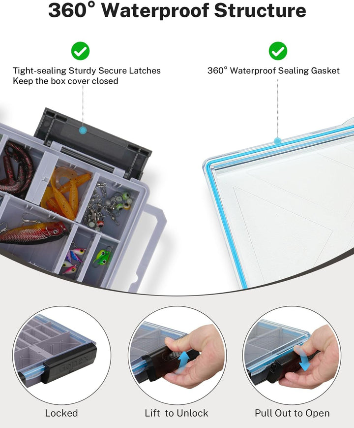 Gonex Köderboxen Angeln 2er-Pack, Wasserdichte Angelboxen mit Verstellbaren Fächern, Transparente Tr