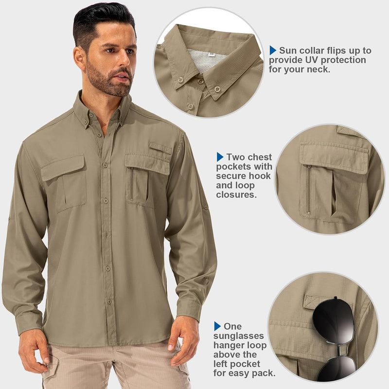 Asfixiado Hemd Herren Safari UPF50+ UV Schutz Wanderhemd Herren Langarm Funktionshemd Outdoorhemd At