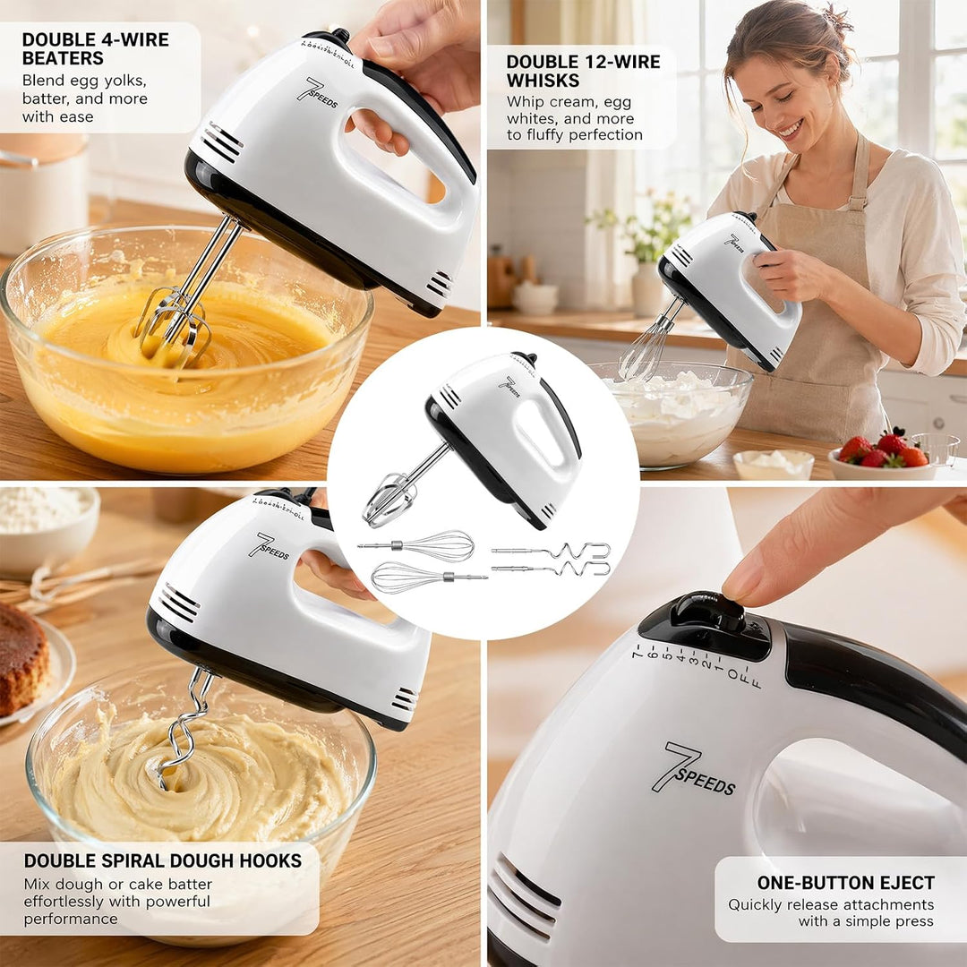 Elektrischer Handrührgerät, 7 Geschwindigkeiten Handmixer, Handrührer mit Edelstahl Knethaken, Schne