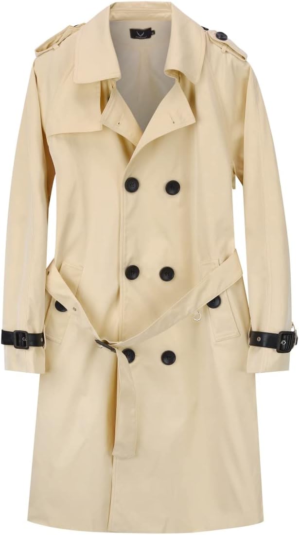 AOWOFS Herren Zweireihiger Trenchcoat mit Gürtel Revers Lang Mantel Business Jacke Frühling Übergang