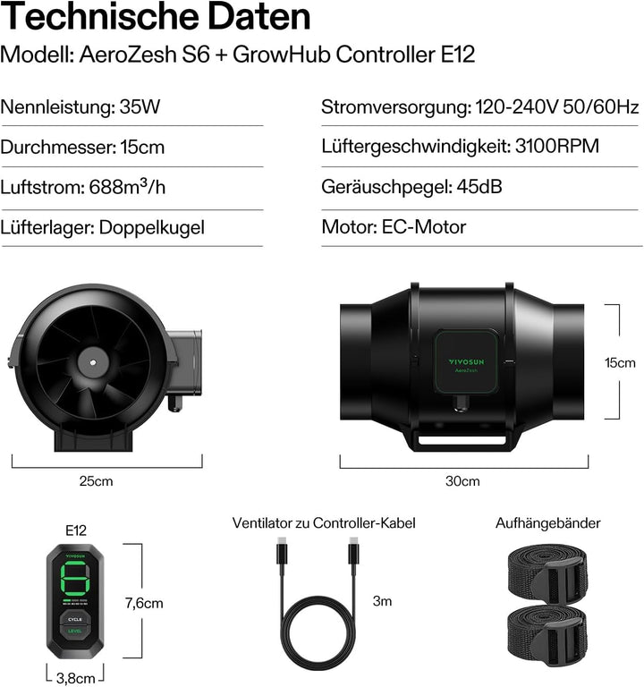 VIVOSUN AeroZesh S6 Rohrventilator 150 mm, 688 m³/h Abluftventilator mit E12-Geschwindigkeitsregler,