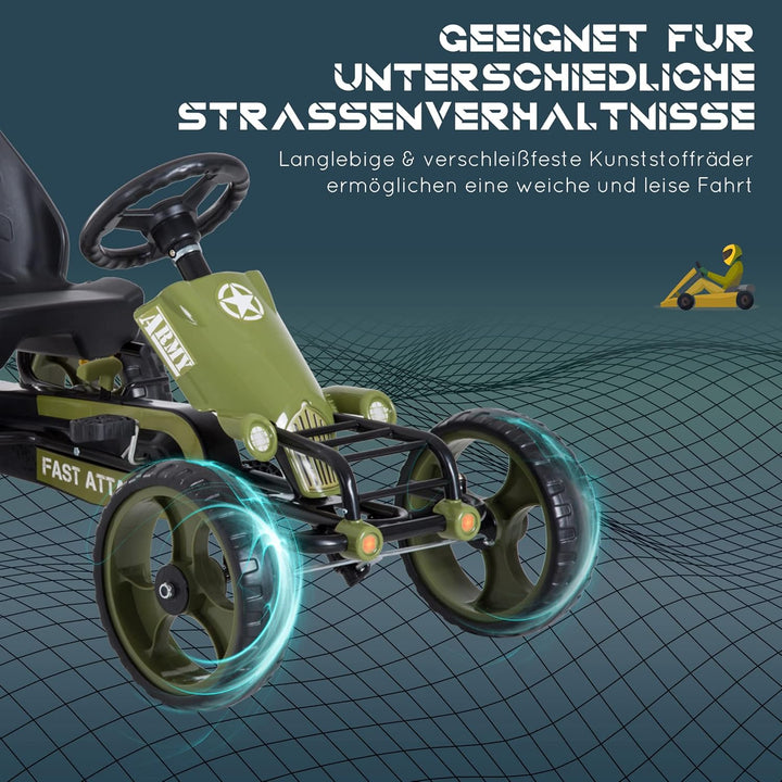 HOMCOM Go Kart Tretauto Tretfahrzeug mit Handbremse Kinderfahrzeug Kettcar Tretfahrzeug mit Verstell