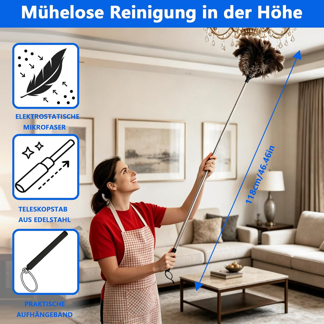 Staubwedel Straussenfedern mit 120 cm Teleskopstiel – Staubwedel lang ausziehbar, antistatisch & kra