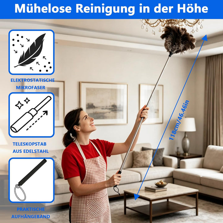 Staubwedel Straussenfedern mit 120 cm Teleskopstiel – Staubwedel lang ausziehbar, antistatisch & kra