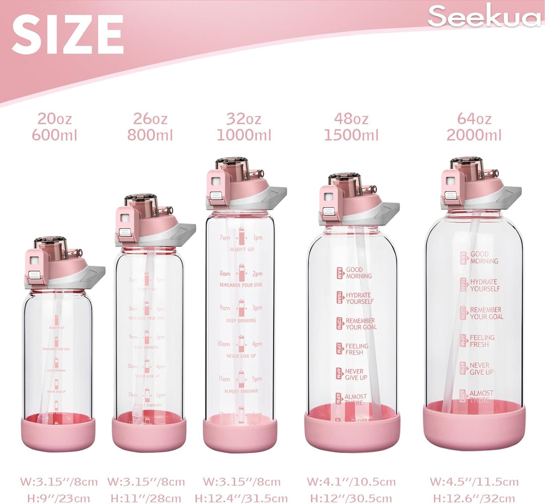 Seekua 2l Sport Trinkflasche Glas Flasche mit Strohhalm & Zeitmarkierung auslaufsicher bpa frei 2 li