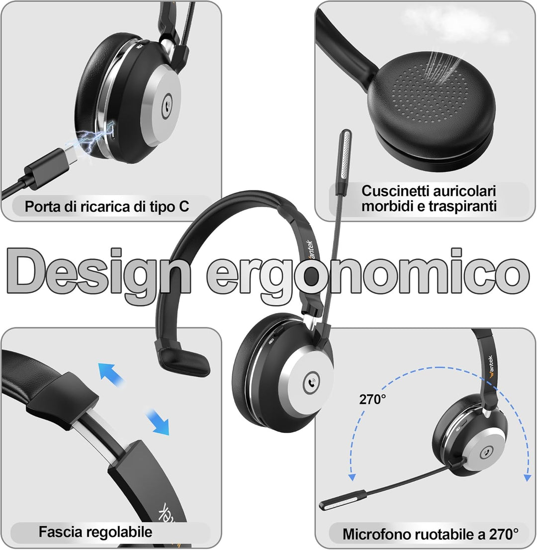 Wantek Kabelloses Headset, Bluetooth Kopfhörer mit Mikrofon Rauschunterdrückung & USB-Dongle, Kabell