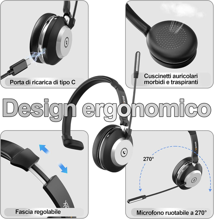 Wantek Kabelloses Headset, Bluetooth Kopfhörer mit Mikrofon Rauschunterdrückung & USB-Dongle, Kabell