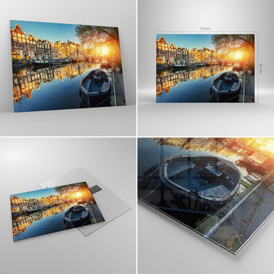 Bilder auf Glas Kanal Boot Amsterdam Wasser Glasbild 70x50cm Wandbilder Dekoration Wohnzimmer Schlaf