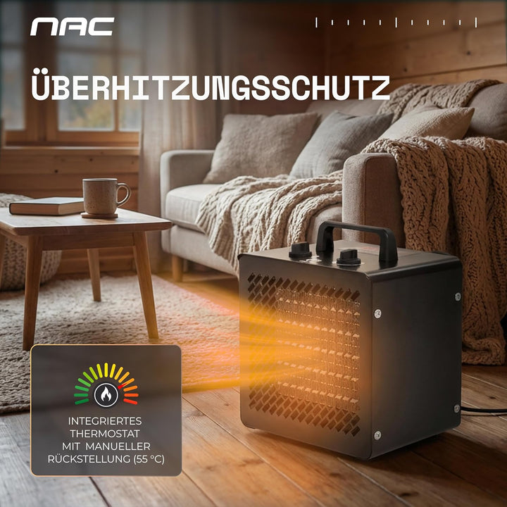 NAC Elektrischer Keramik Heizlüfter 3000 Watt - Heizstrahler mit Thermostat, Heizung Elektrisch - He
