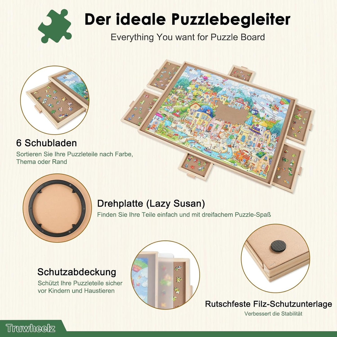 1000 Teile rotierendes Puzzlebrett mit 6 Schubladen und Abdeckung, 67,6 x 57 cm tragbarer Holzpuzzle
