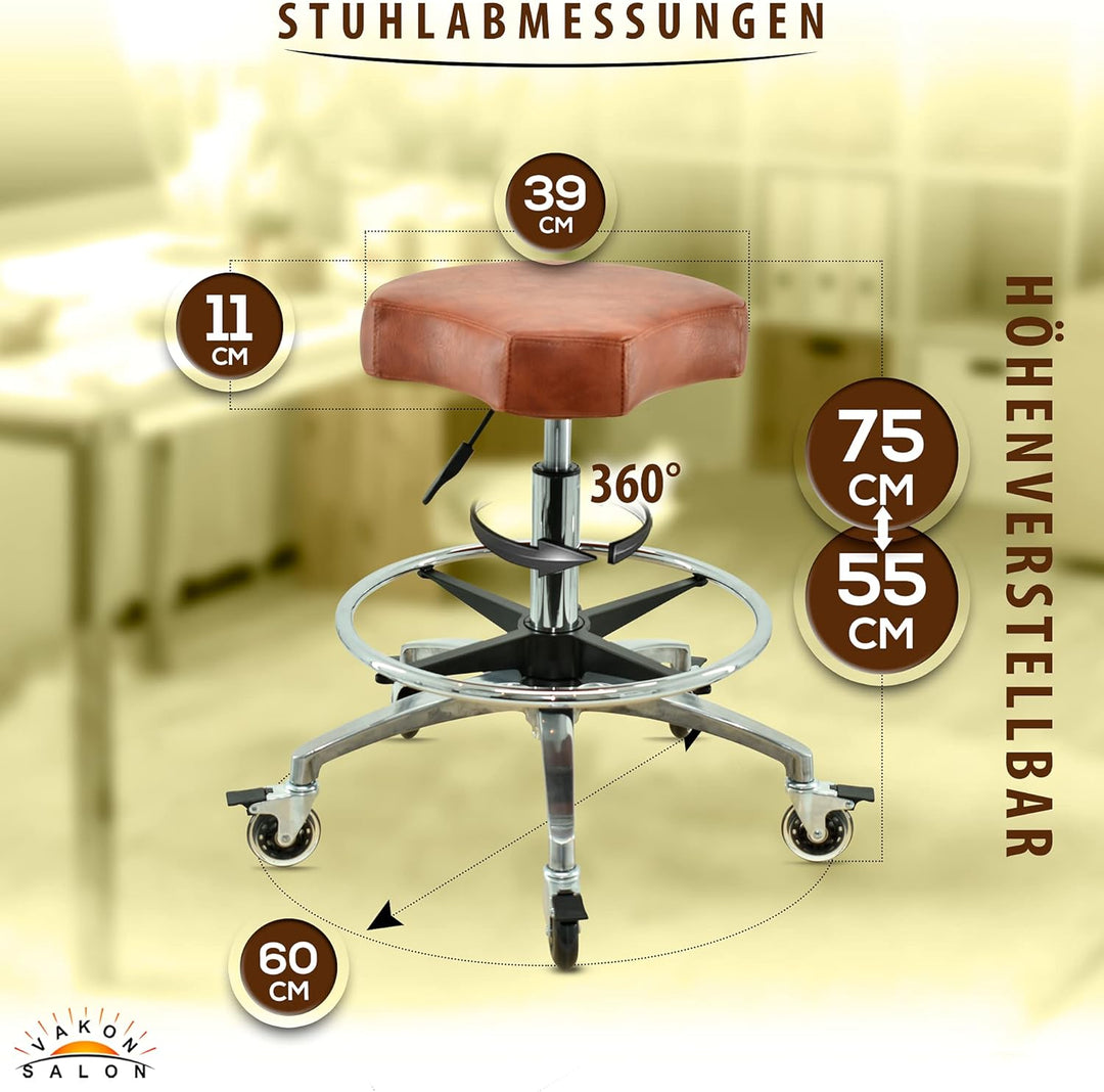 Ergonomischer Rollhocker in Hellbraun mit Fussring - Premium Rollen mit Bremse - Höhenverstellbarer
