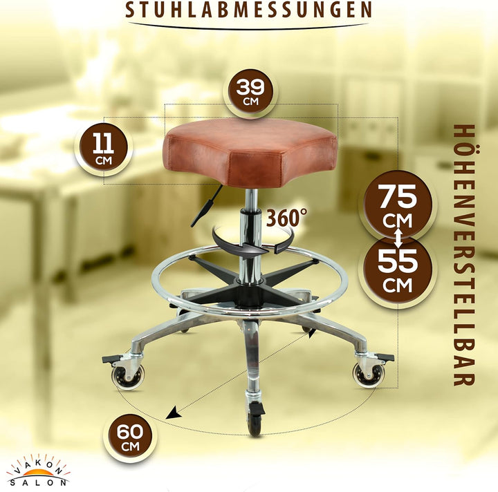 Ergonomischer Rollhocker in Hellbraun mit Fussring - Premium Rollen mit Bremse - Höhenverstellbarer