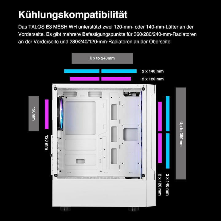 GAMDIAS Talos E3 Mesh WH Gaming PC-Gehäuse, Mid-Tower ATX-Gehäuse mit seitlicher gehärteter Glassche