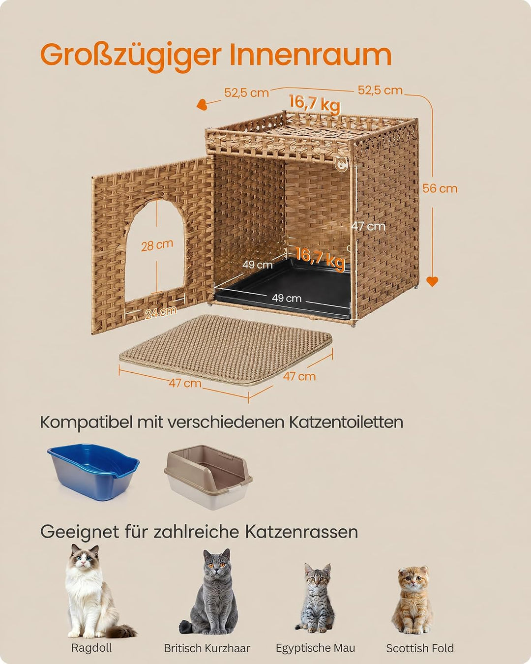 Feandrea Katzenklo-Schrank, Katzenhaus in Rattan-Optik, Katzenschrank handgeflochten, mit Katzenstre