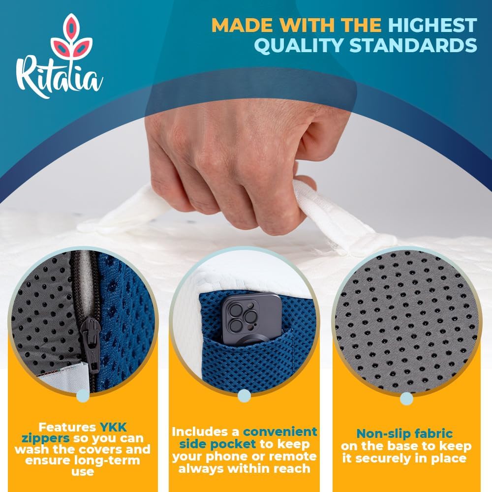 Ritalia® REFLUXKISSEN Erwachsene 65x60x20 cm zur MATRATZENERHÖHUNG mit Gel-Schaum | LESEKISSEN Bett