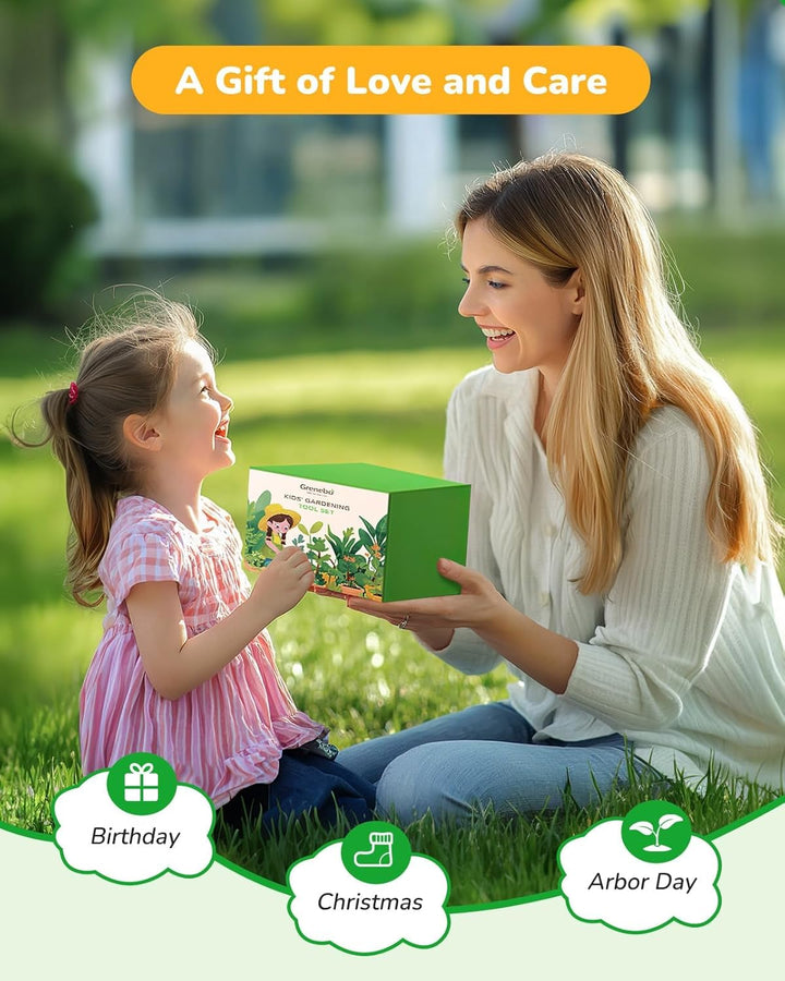 Grenebo-Gartenspielzeug für Kinder, inklusive Metallkelle, Pflanzschaufel, Gartenhut, Rechen, Schürz