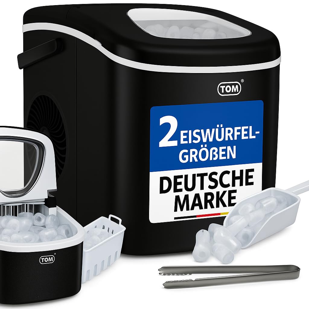 TOM Eiswürfelmaschine – 9 Eiswürfel in 6-8 min – 12 kg/24 h – 2 Würfelgrössen – Ice maker Eiswürfelm