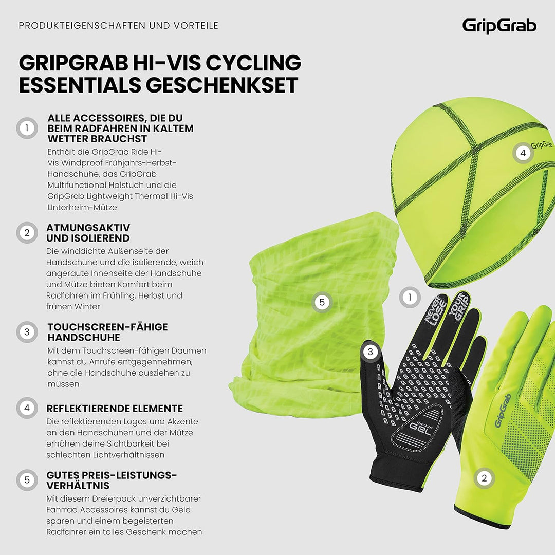 GripGrab Hi-Vis Radsport Winter Geschenkbox für Fahrradfahrer 3er Set Rad Handschuhe Unterhelmmütze