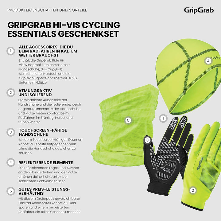 GripGrab Hi-Vis Radsport Winter Geschenkbox für Fahrradfahrer 3er Set Rad Handschuhe Unterhelmmütze