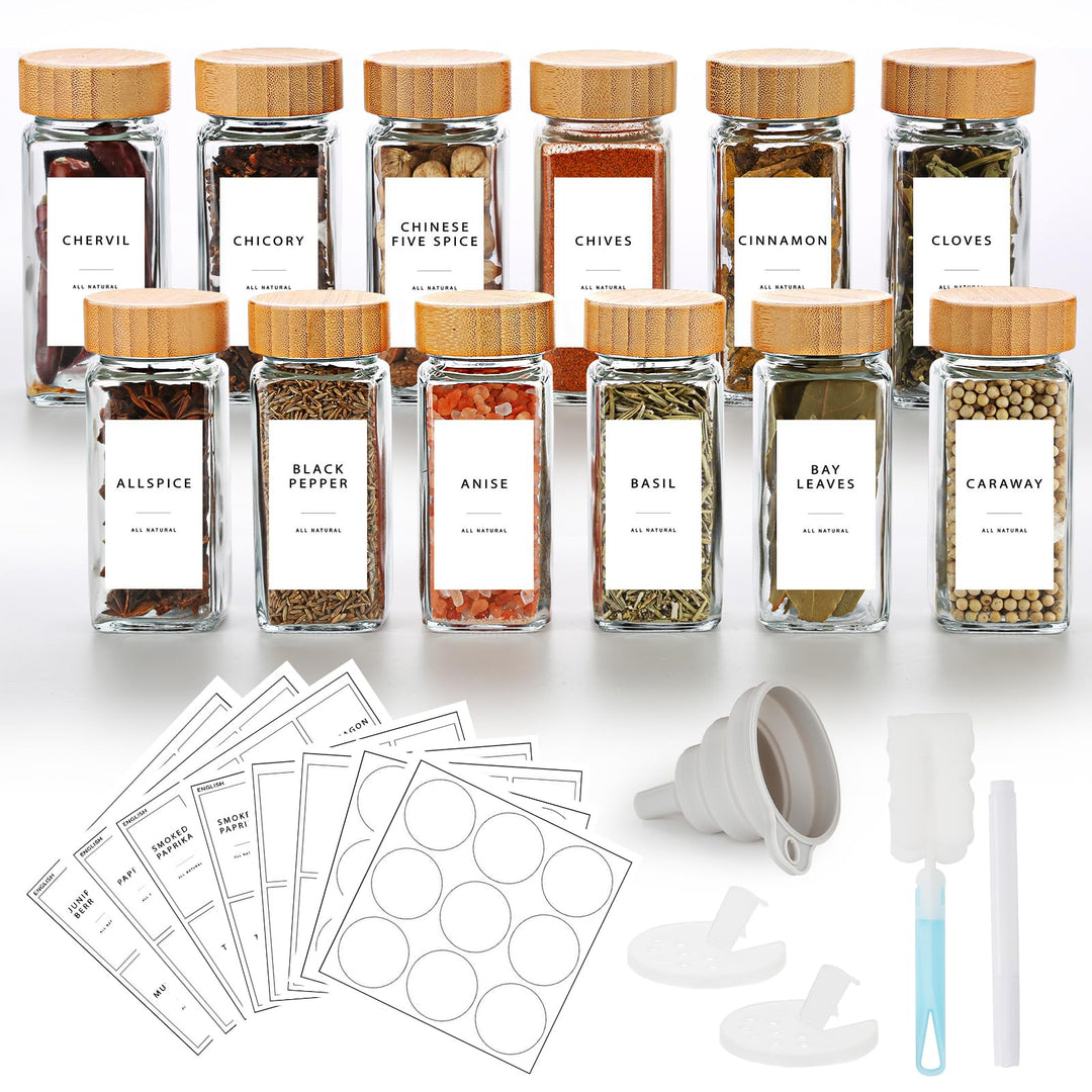 Lannvan Gewürzgläser Eckig Set [12 x 120ml] mit Bambus Deckel, Gewürzdosen mit 246 Etiketten, Gewürz