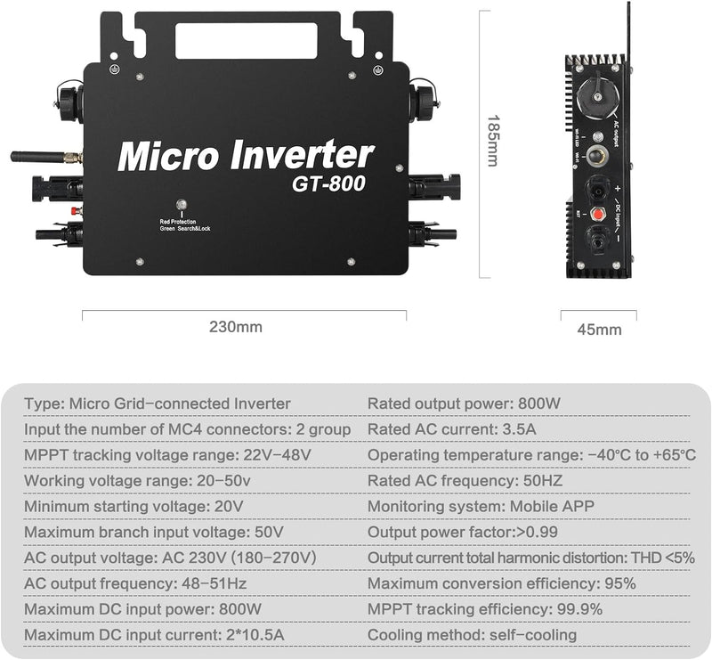 BuyWeek Balkonkraftwerk 800 Watt, Wechselrichter 800W Mit WLAN APP, PV Wechselrichter 800W IP65 Wass