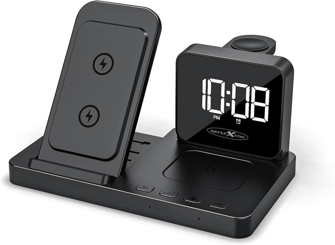 Reflexion 4 in 1 Wireless Charger mit Uhr & Wecker | Kabellose Ladestation für Smartphone, Apple Wat
