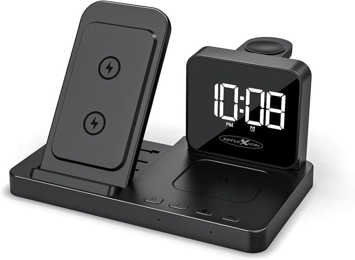 Reflexion 4 in 1 Wireless Charger mit Uhr & Wecker | Kabellose Ladestation für Smartphone, Apple Wat
