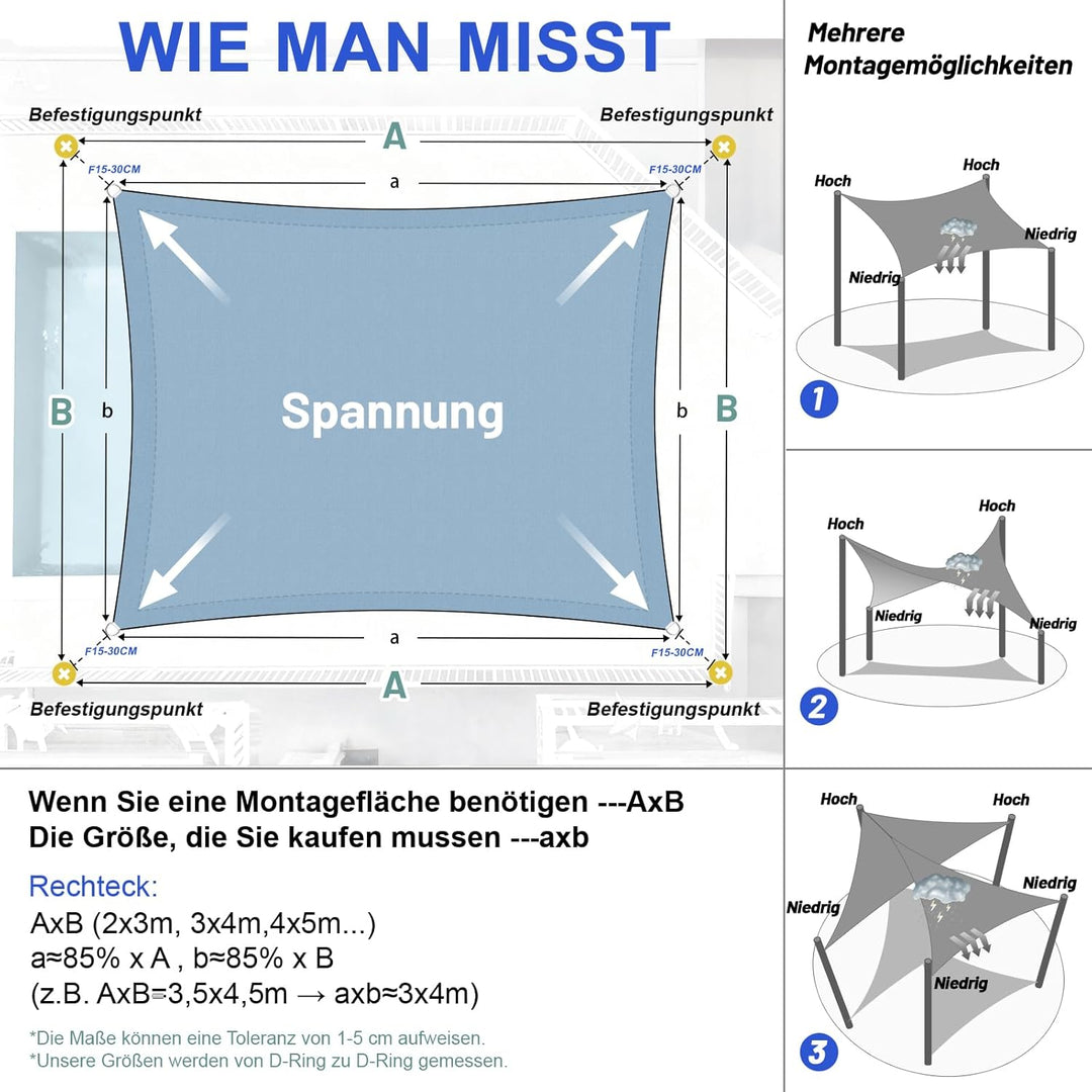 LOVE STORY Sonnensegel 2x3m Wasserdicht Rechteckig Blau Sonnenschutz Windschutz Segel PES Polyester,