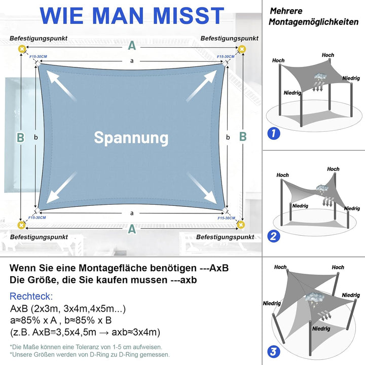 LOVE STORY Sonnensegel 2x3m Wasserdicht Rechteckig Blau Sonnenschutz Windschutz Segel PES Polyester,