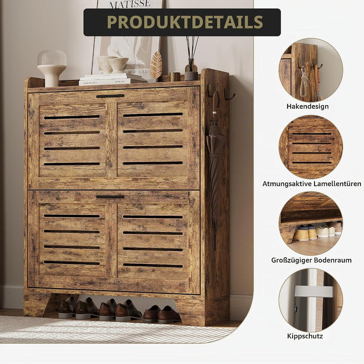 GarveeHome Schuhschrank, Schuhkommode, Schuhregal mit 2 Klapptüren, lüftende Lamellenfront &amp; Haken,