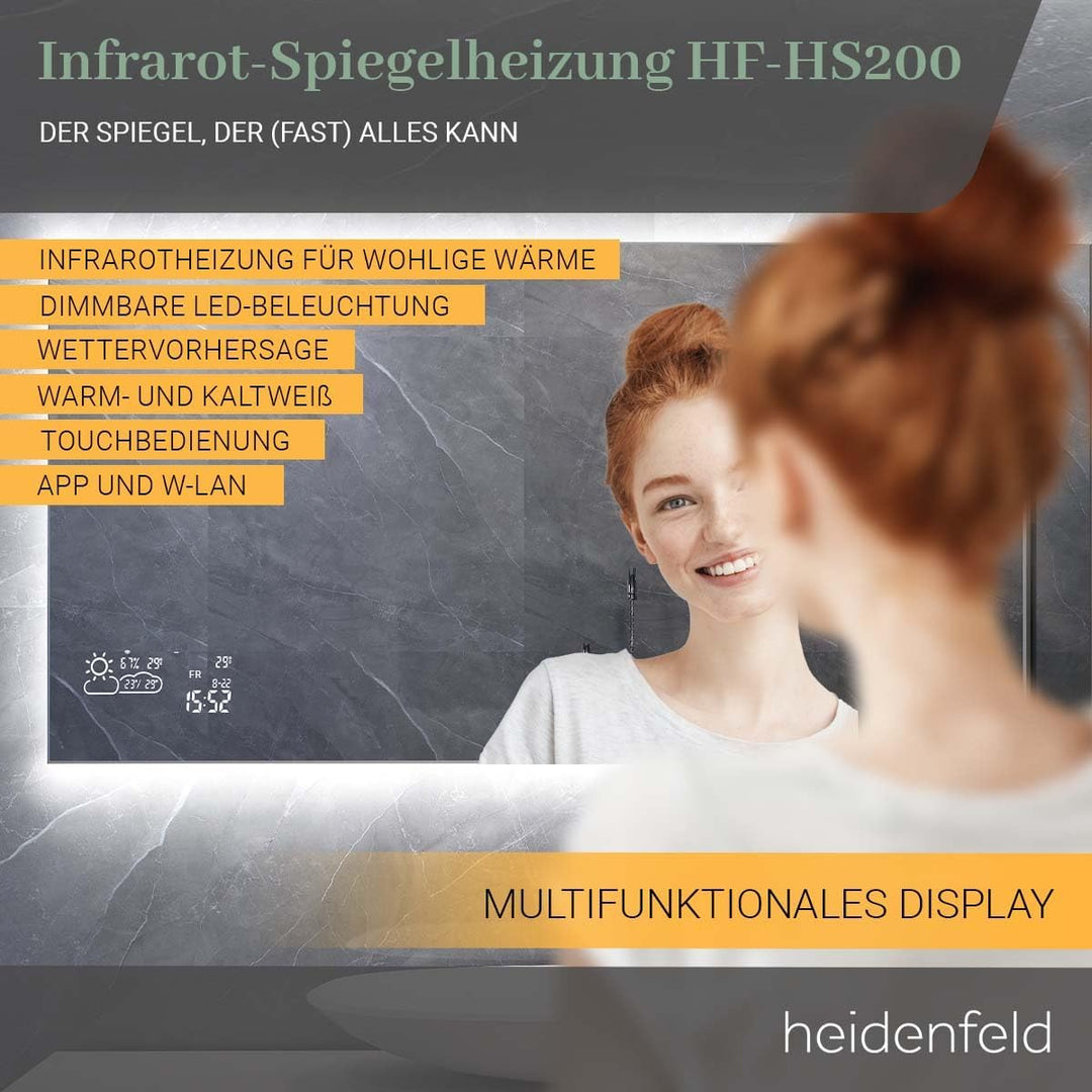 Heidenfeld Spiegel Infrarotheizung HF-HS200 mit Touchpanel | 𝟭𝟬 𝐉𝐀𝐇𝐑𝐄 𝐆𝐀𝐑𝐀𝐍𝐓𝐈𝐄 - 200 Watt - 60 x 60