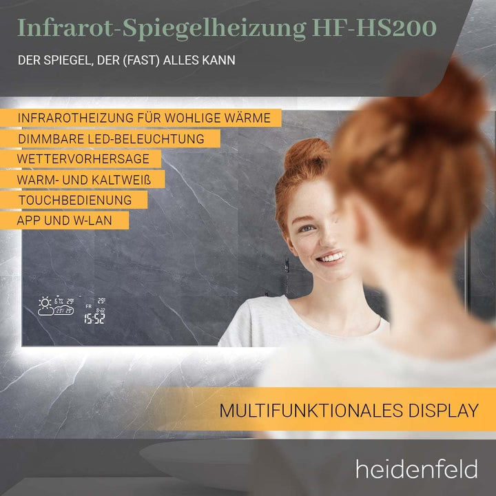 Heidenfeld Spiegel Infrarotheizung HF-HS200 mit Touchpanel | 𝟭𝟬 𝐉𝐀𝐇𝐑𝐄 𝐆𝐀𝐑𝐀𝐍𝐓𝐈𝐄 - 200 Watt - 60 x 60