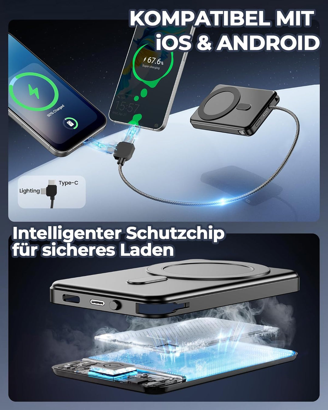 Power Bank 12000mAh, Magnetische Powerbank für iPhone mit 2-in-1 integriertem USB-C & iOS Kabel, Kei