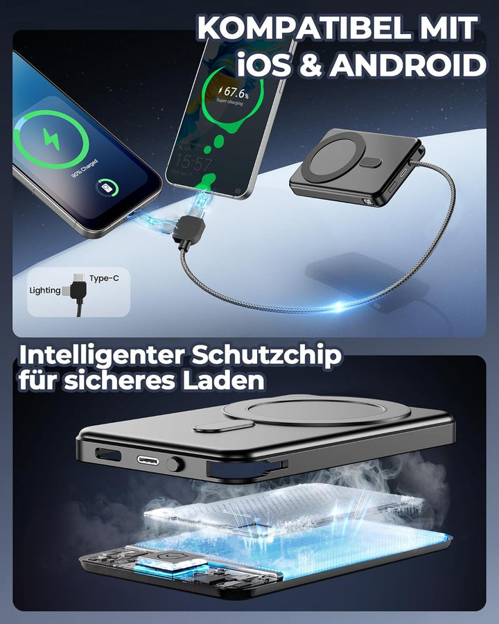 Power Bank 12000mAh, Magnetische Powerbank für iPhone mit 2-in-1 integriertem USB-C & iOS Kabel, Kei
