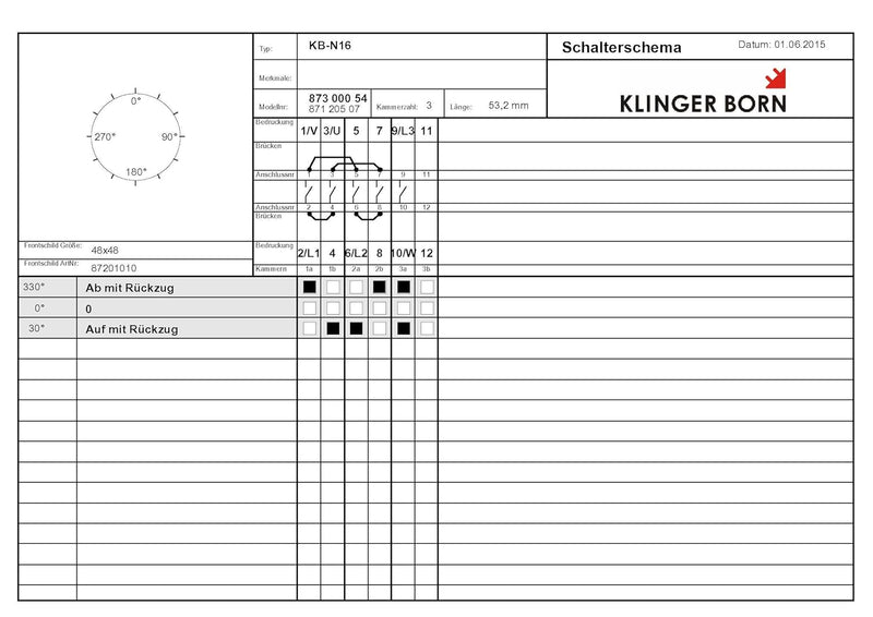 KlingerBorn KB-N16 | Leistungsstarker Wendeschalter | 16A, 3-polig, Abschliessbar | 48x48mm Schwarz-