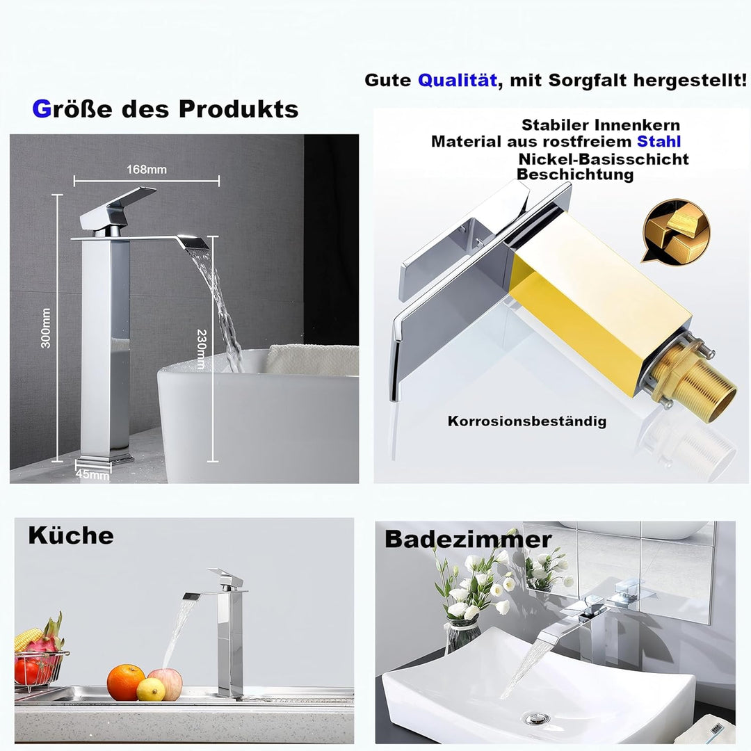 Wasserfall-Badezimmerarmatur, Einhebel-Waschtischarmatur, Wassersparend, Waschbeckenarmatur, Warm- u