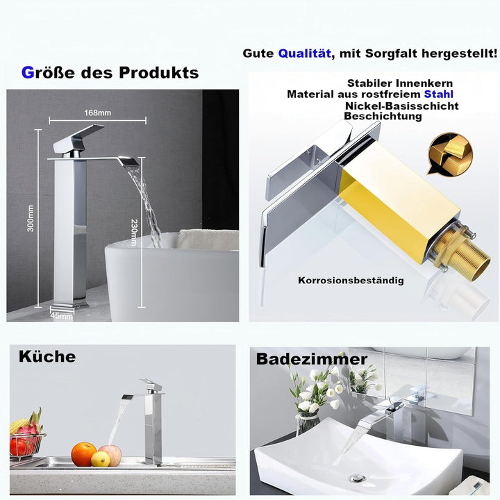 Wasserfall-Badezimmerarmatur, Einhebel-Waschtischarmatur, Wassersparend, Waschbeckenarmatur, Warm- u
