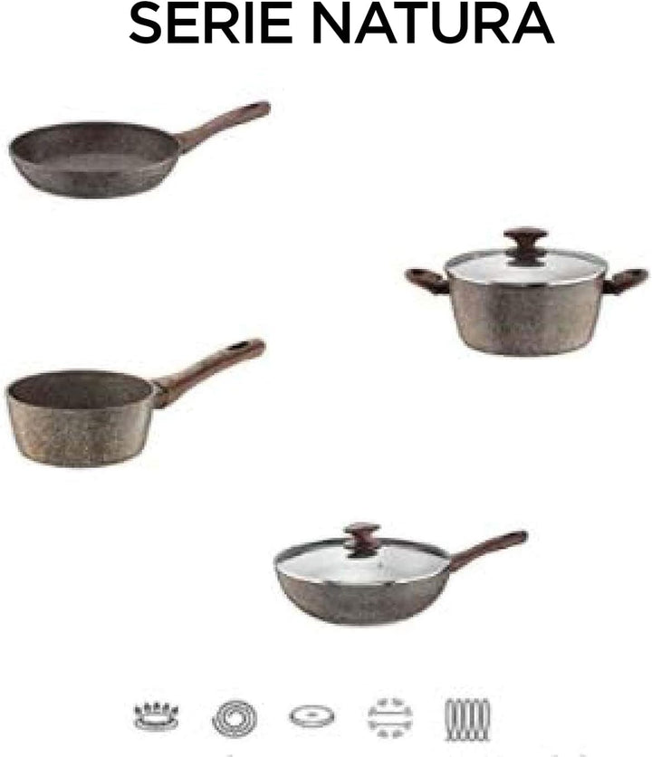 Pintinox Kasserolle aus Aluminium, Serie Natura, antihaftbeschichtet, Steinoptik, Griff in Holzoptik