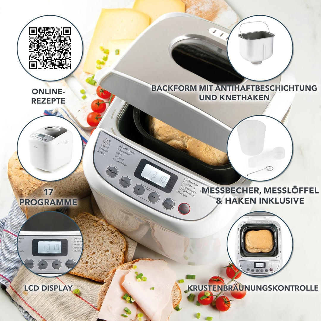DOMO B3976 Brotbackautomat 500-750-1000gr - 17 Programme - inkl. glutenfreiem Programm - mit Timer -