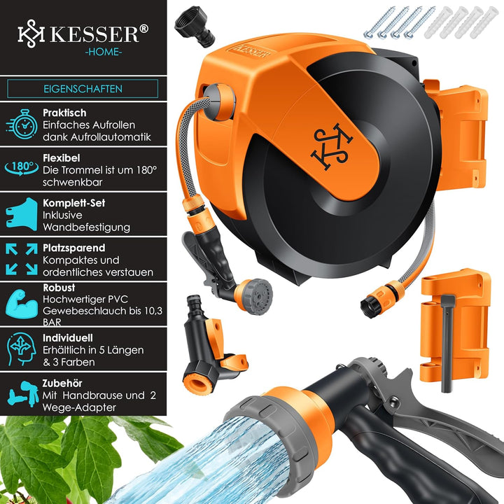 KESSER® Schlauchtrommel mit Gartenschlauch 25m | Wasserschlauchtrommel zur Wandmontage | Wandhalteru