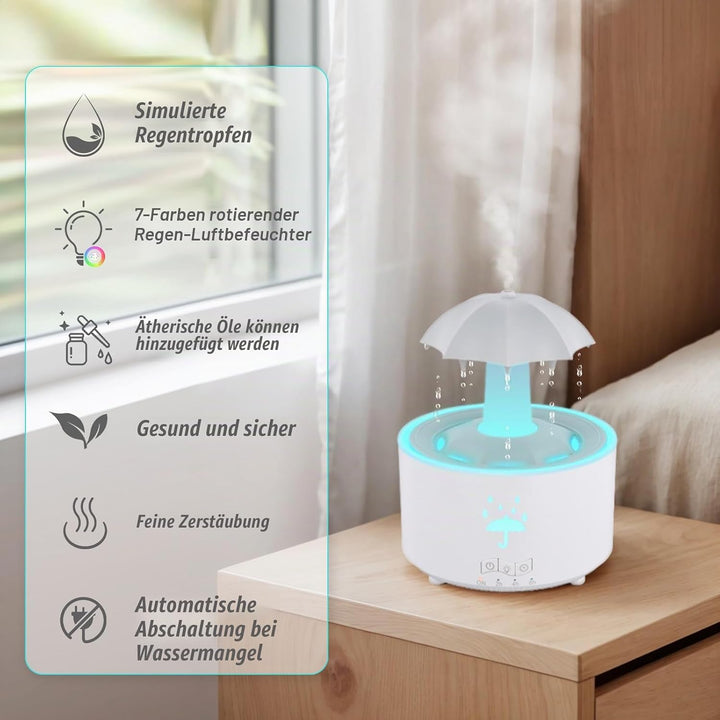 Regenschirm Luftbefeuchter 300ml, Rotierender Luftbefeuchter mit 7 Farbe Licht, Nachtlicht Schlafzim