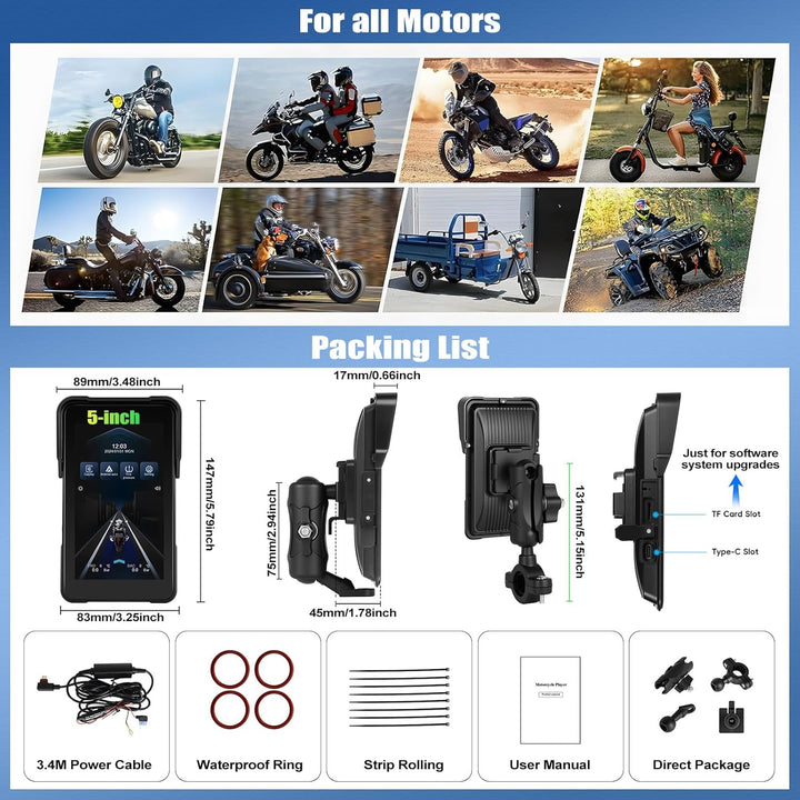 SIXWIN Carplay Motorrad Display für Moto mit Wireless Carpla/Android Auto, 5&