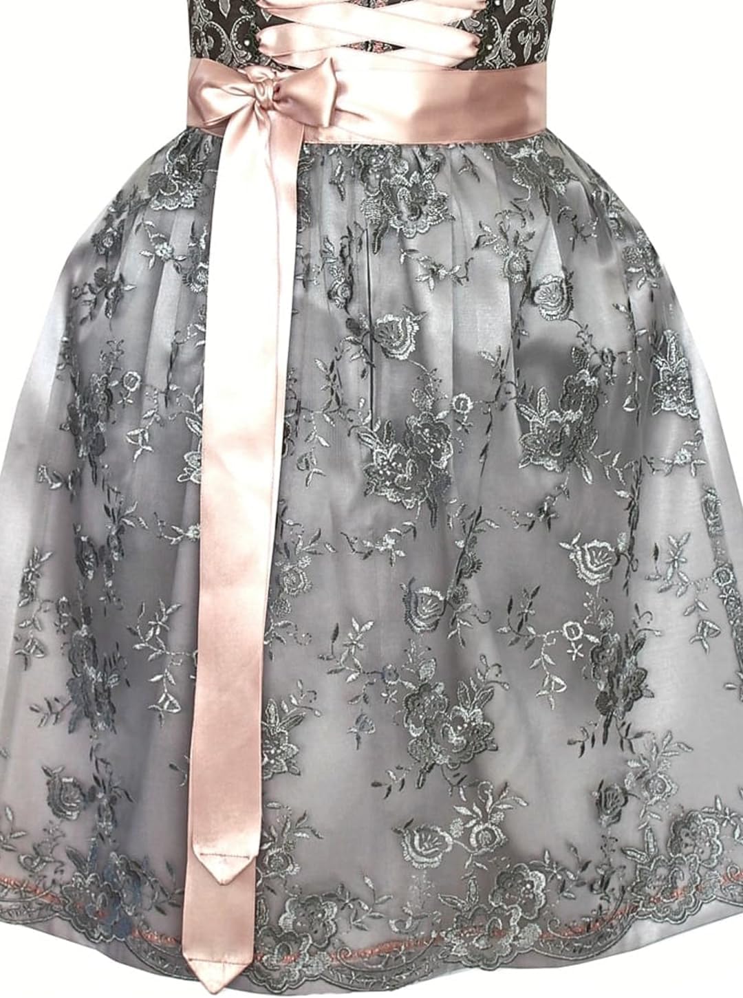 Alpenmärchen Midi Dirndl aus Exklusiver Kollektion inkl. Spitzenschürze Gr.32-54 - ALM660 32 Grau-gr