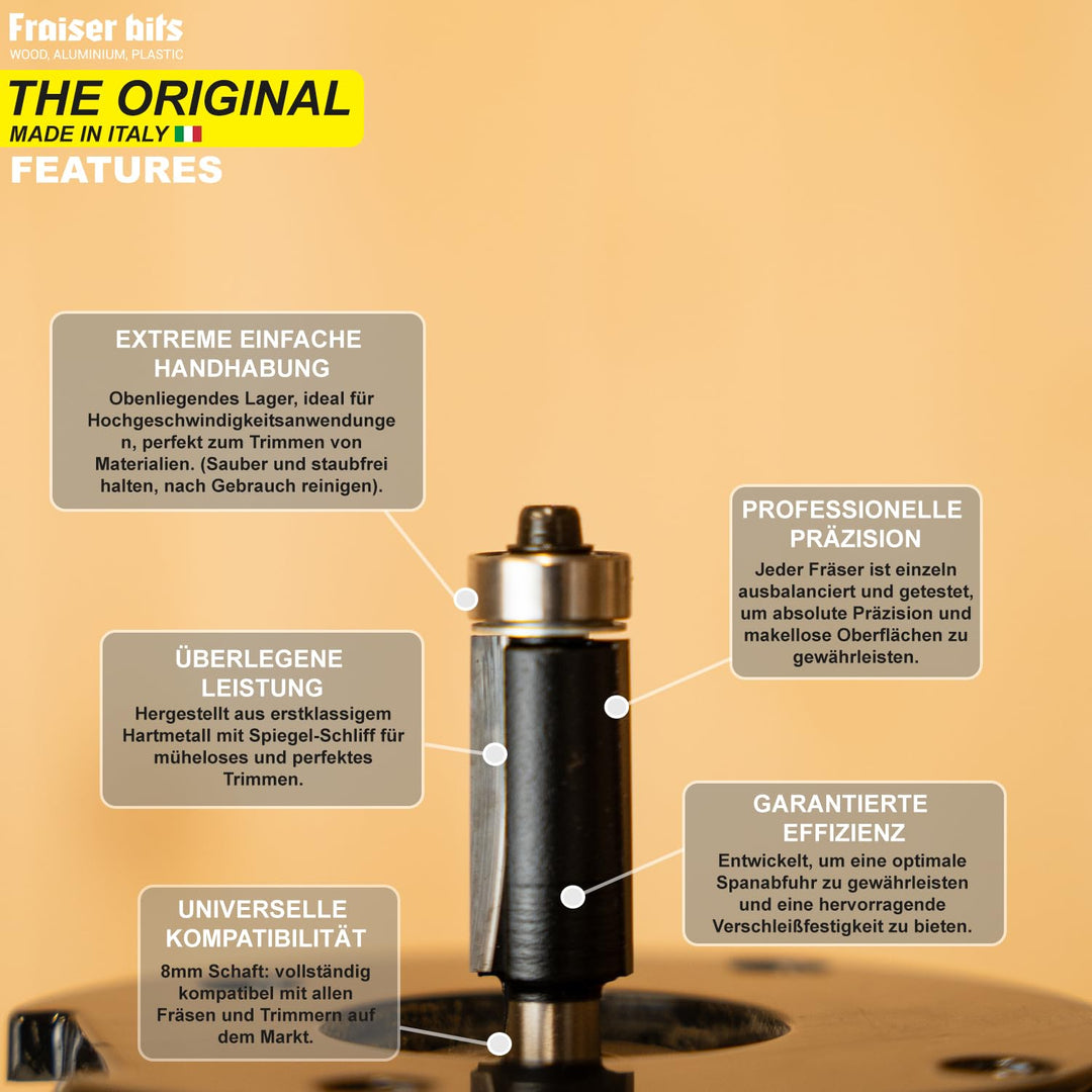 Fraiser Bündigfräser mit oberem Kugellager – 2 gerade Schneiden aus Hartmetall, Schneiddurchmesser 1