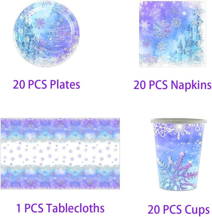 61 Stück Frozen Party Geschirr, Blau und Lila Schneeflocke Geschirr Set, 20 Servietten 20 Pappbecher